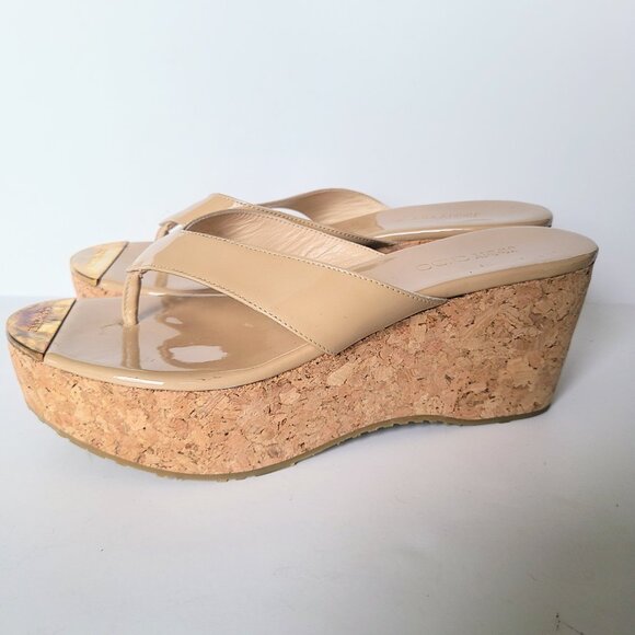 Jimmy Choo Tan Cream Patent Leather Cork Platform Thong Sandals Size EU 38 - Picture 7 of 11